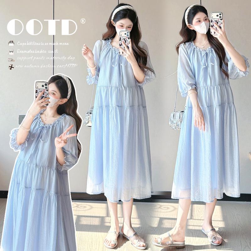 Korean Style Spring/Summer 2026 Plus Size Maternity Dress – Loose Fit, Mid-Sleeve, Mid-Length M
