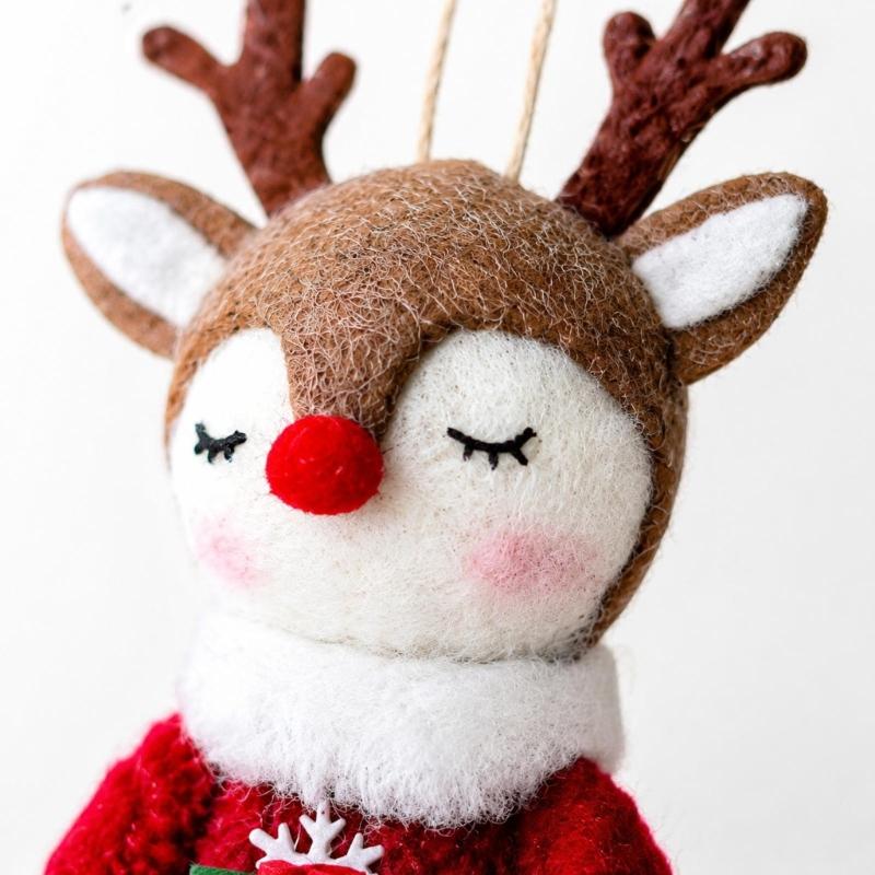Cartoon Christmas Reindeer Hanging Decoration with Short-Pile Fabric, Finished Edges, and Holiday Artwork for Branch Displays