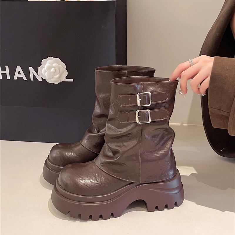 Fashion Shoes for Women New Mid-Calf Boots 10CM High Platform Modern Boots Belt Buckle Punk Shoes Female Leather Motorcycle Boots