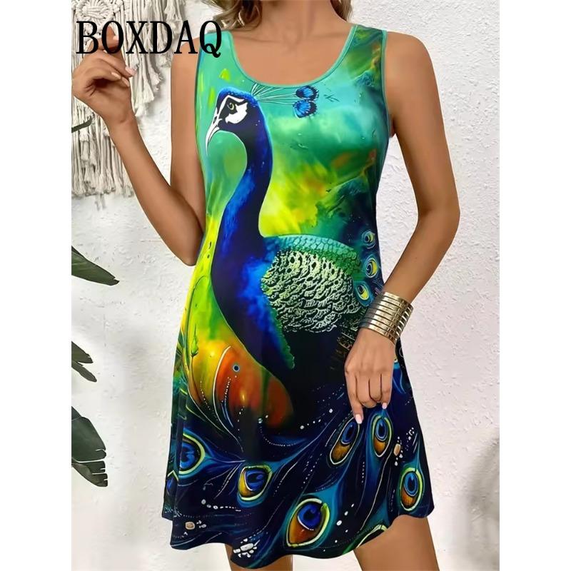 Women's Peacock Print Sleeveless Dress Summer Animal Pattern Vest Dresses A-Line Casual Wear Vacation Style Outdoor Loose Dress