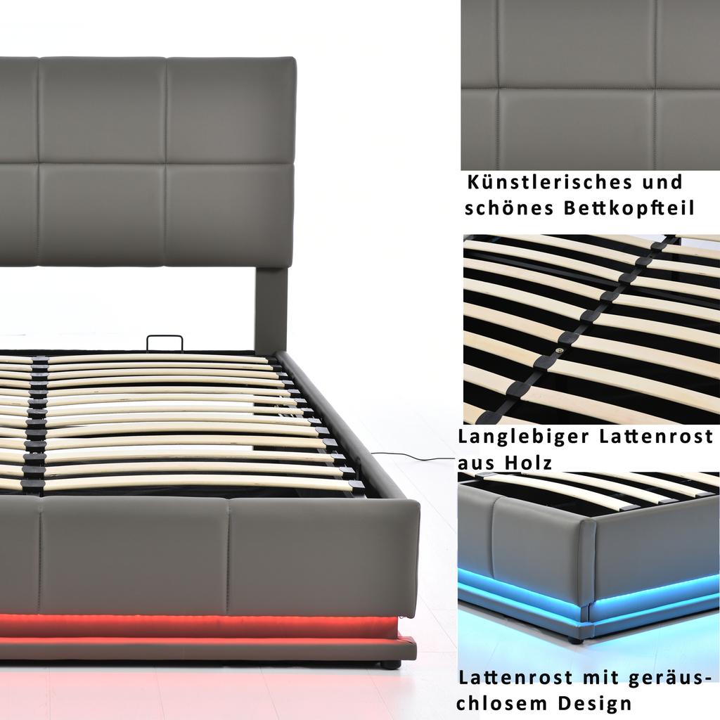 Letto imbottito 160 x 200 cm con LED, rete a doghe in metallo e contenitore, testiera regolabile in altezza e contenitore idraulico, grigio (senza materasso)