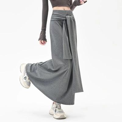 Damen Grau Hohe Taille Weites Bein Culotte Vorne Bindegürtel Locker Lässig Lange Hose Tägliche Streetwear Röcke