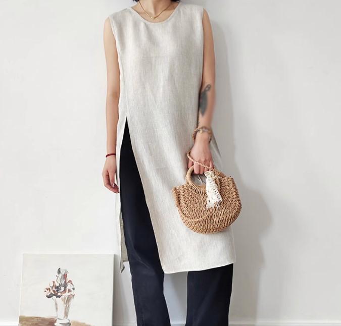 Summer linen split dress sleeveless simple v-neck vest skirt knee shirt women s cotton and linen dress S