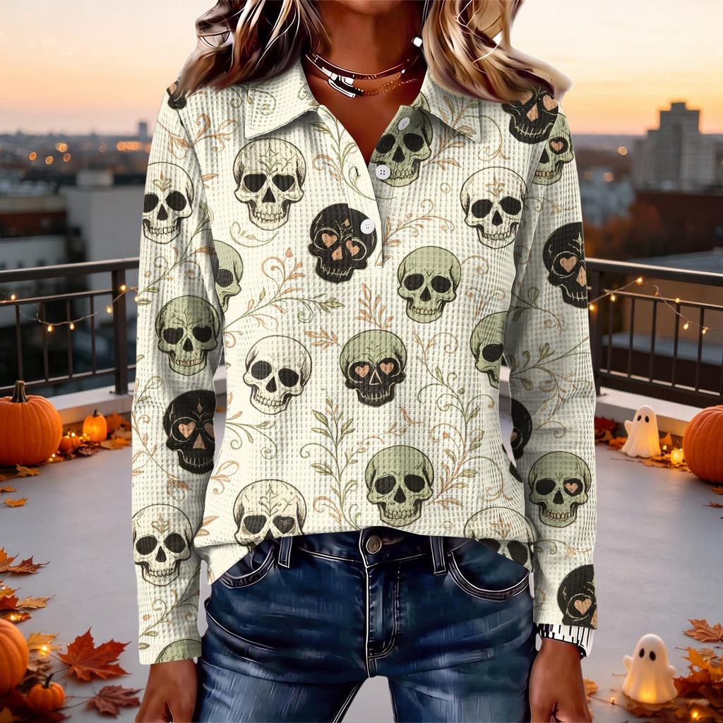 Women's Casual Long Sleeve Knit Top with Halloween Print and Lapel Collar