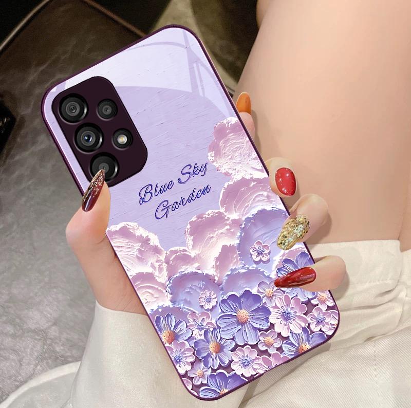 Oil Painting Flower Blue For Samsung Galaxy S10 4G S20 11E 30 S21 21Fe 22 S24 Pro S23 Ultra 5G S8 S9 Tempered Glass Phone Case