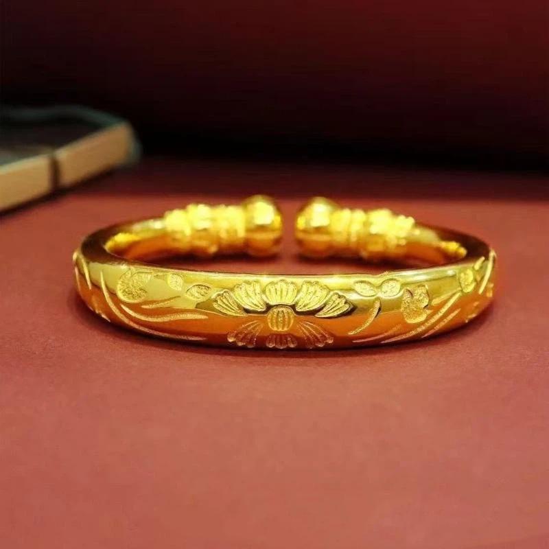 Gold Plated Open Cuff Bangle Boho Carved Floral Pattern Fadeless Durable Shiny Jewelry for Gift Daily Wear