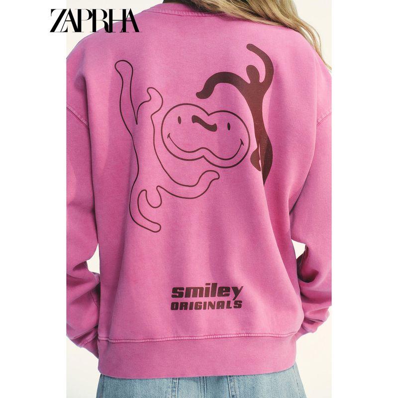 Zaprha 2025 Autumn New Rib Trim Smiley Wash Effect round Neck Long sleeve Hoodie 6050020