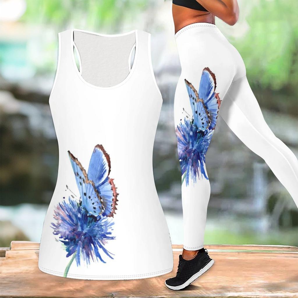 Completo Yoga con Stampa Farfalla per Donna Moda Leggings da Allenamento Fitness Sportivo Set Yoga Casual Tuta Sportiva