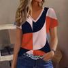Summer Fashion Comfortable Loose Large T-shirt Striped Grid 3D Printed Casual Breathable Versatile V-neck Short Sleeved Women's T-shirt