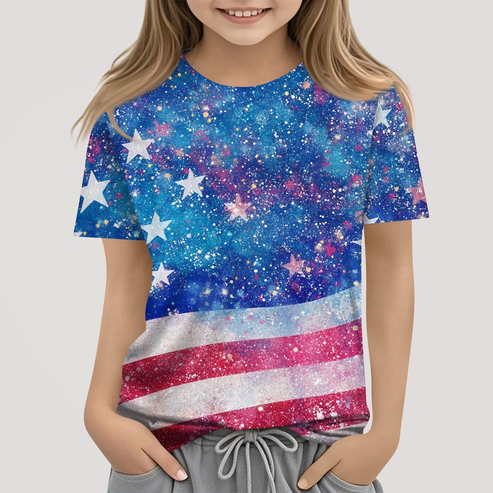 

Children s Fashion Casual Short Sleeve Independence Day Printed Round Neck T-Shirt Top 110 синий