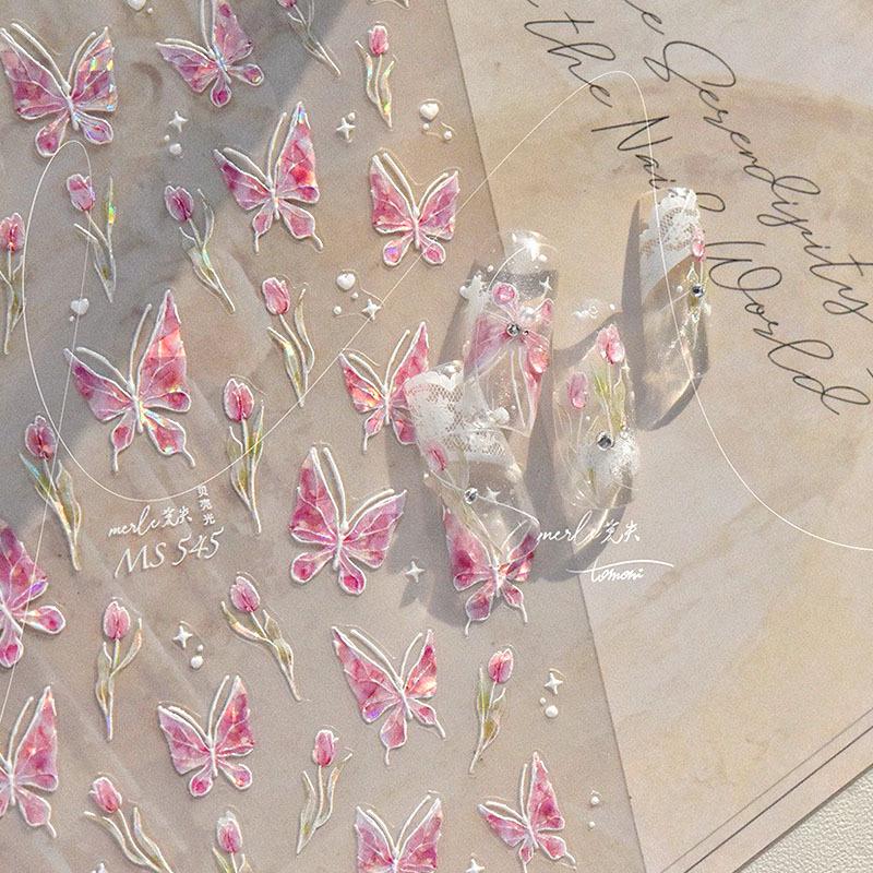 

2025 Hot Pink Tulip Butterfly Nail Art Stickers - Japanese Fairy Aurora Design