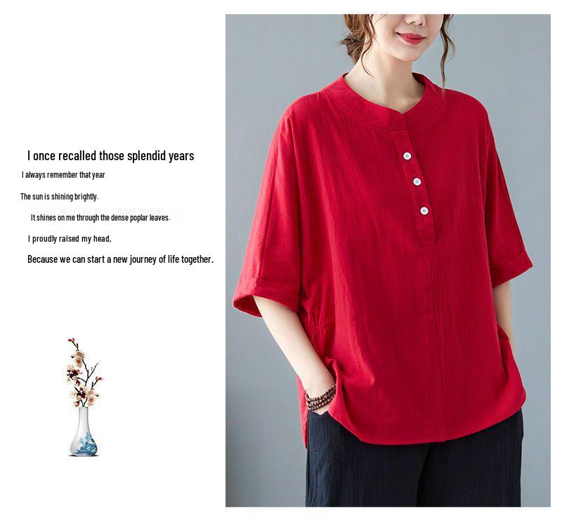 Plus Size Summer Cotton Linen Short-Sleeve Set for Middle-Aged Women - Fashionable Casual Two-Piece Outfit