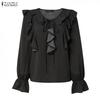ZANZEA Women Casual Ruffles V-Neck Loose Long Sleeve Polka Dot Print Blouse