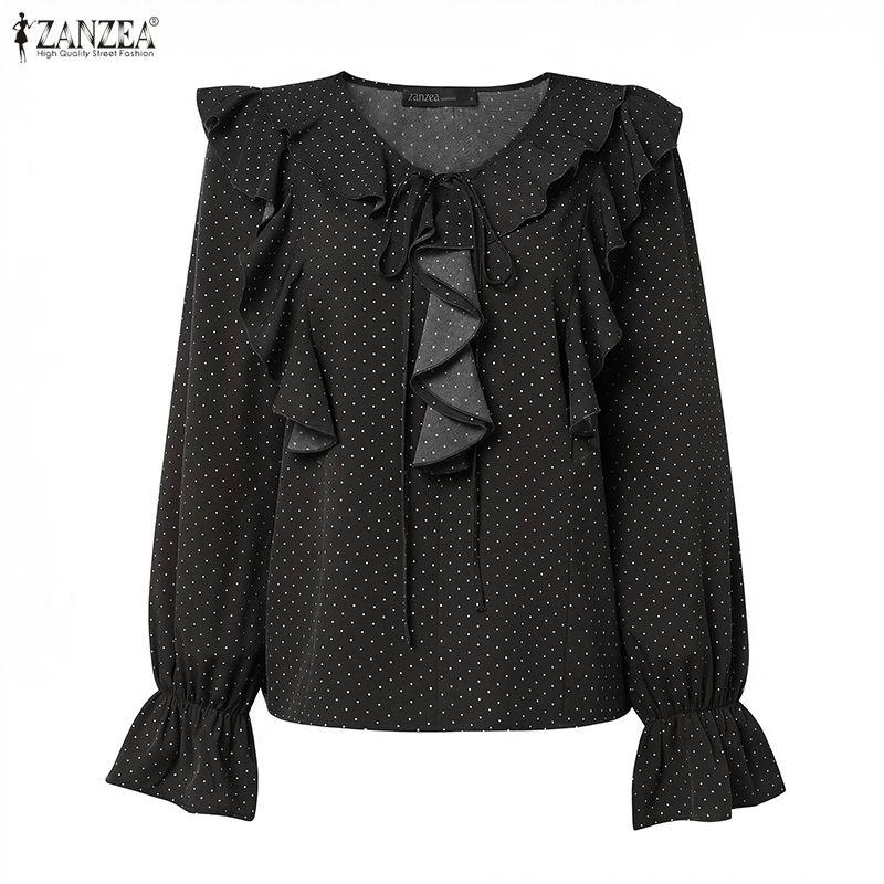 ZANZEA Women Casual Ruffles V-Neck Loose Long Sleeve Polka Dot Print Blouse