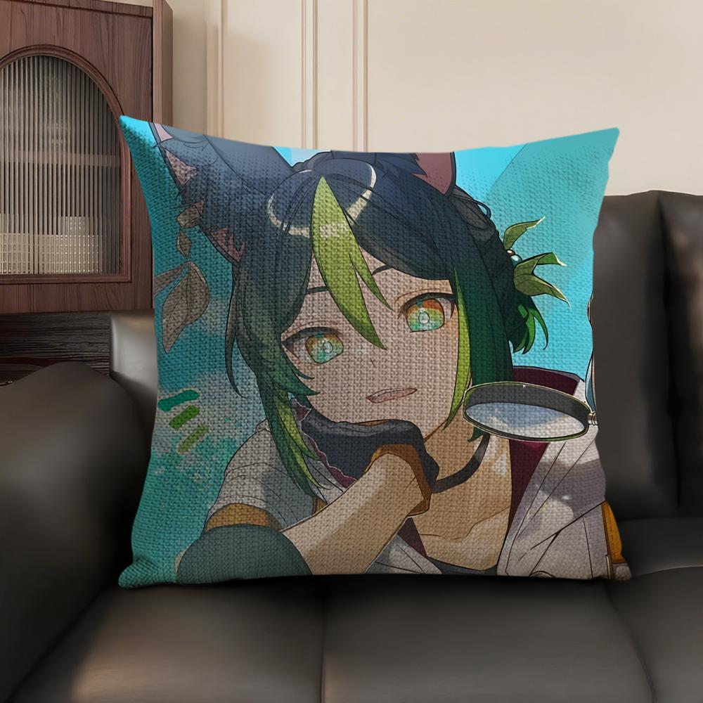 Tighnari Genshin Impact Cute Cushion Cover Natural Linen Organic Fabric Double-Sided Printing Sofa Home Decor Gift Pillow Case
