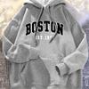 Men's Autumn and Winter Casual Fashion Loose Plus Size Boston 1997 Print Fleece Warm Long Sleeved Hooded Sweatshirt Pullover