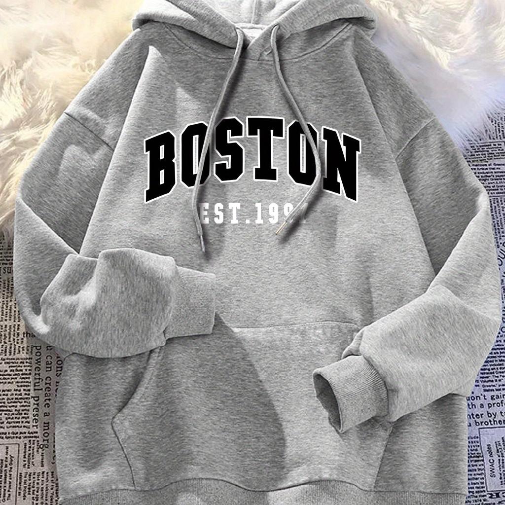 Men's Autumn and Winter Casual Fashion Loose Plus Size Boston 1997 Print Fleece Warm Long Sleeved Hooded Sweatshirt Pullover