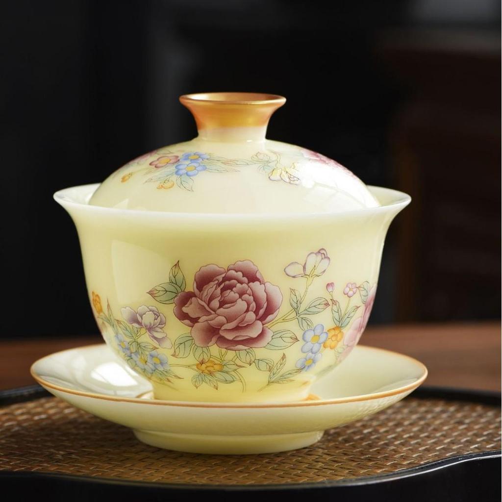 Premium Jade Porcelain Gaiwan Tea Set - Large Capacity, Three-Piece Hovering Brewer for Home Use and Souvenir Gifts