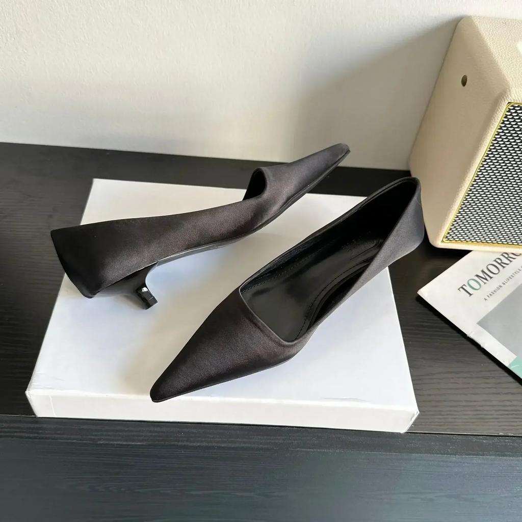 Fashion Elegant Satin Low Heel Women Pumps Sexy Pointed Toe High Heels 3cm Comfort Shallow Office Mules Shoe Dress Shoes Zapatos Mujer