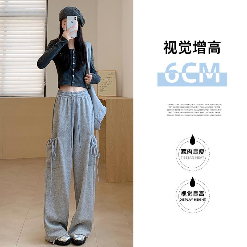 Bow Big Pocket Wide-leg Pants Women's Spring and Autumn New High-waisted and Thin Wide-leg Pants Casual Sweatpants
