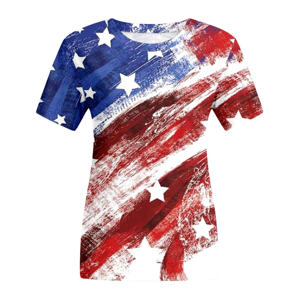 Women Summer 2022 Short Sleeve Independence Day Printed O-Neck T-Shirt Tops Blouse