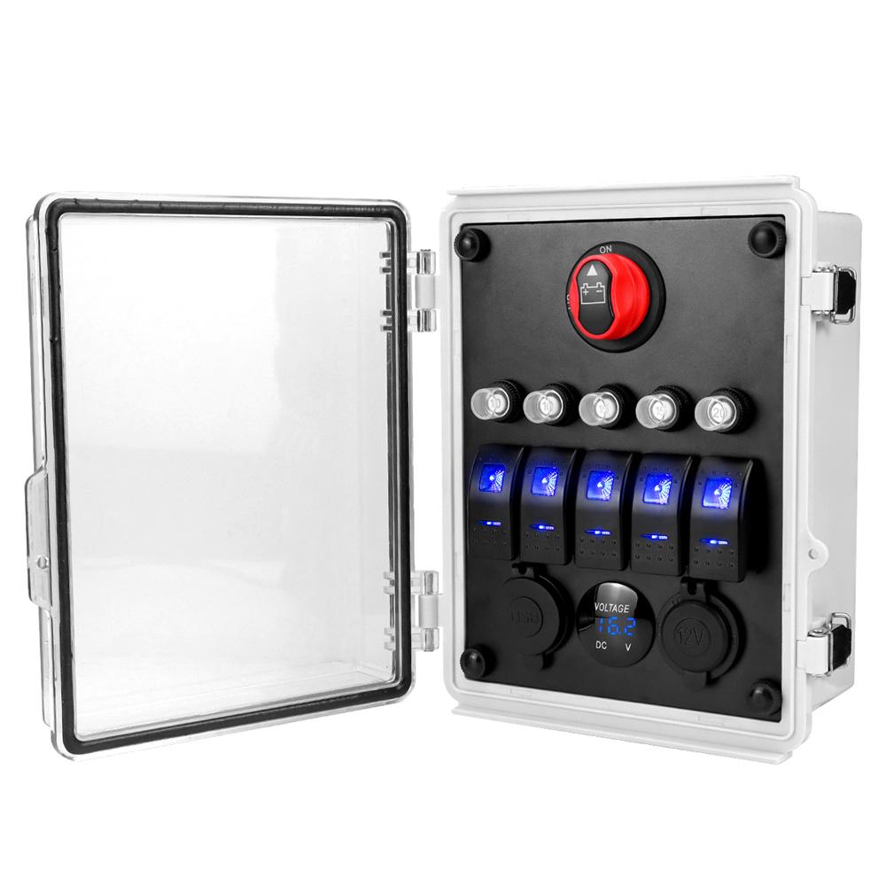 12V 20A 5 Gang Marine Rocker Switch Panel Waterproof Circuit Box LED Voltmeter