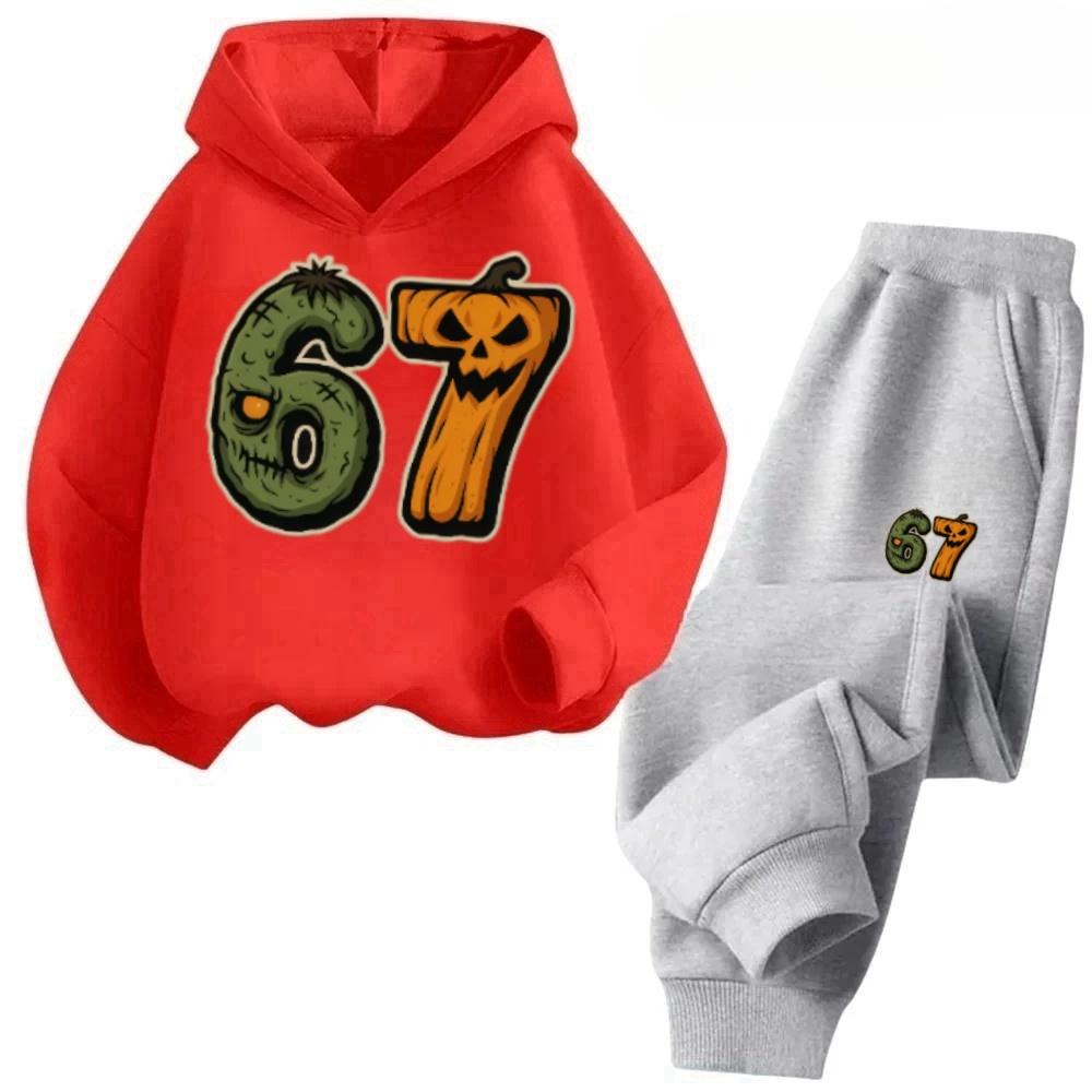 67 Number Meme Print Hooded Tracksuit - Funny Year Old Kid Design  Regular Tracksuit, Spring and Autumn - Hoodie and Slacks Set