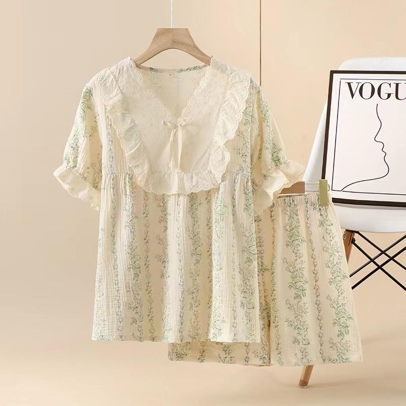 Japanese pastoral floral pajamas women's spring and summer cotton crepe short-sleeved shorts thin lace loungewear pajamas