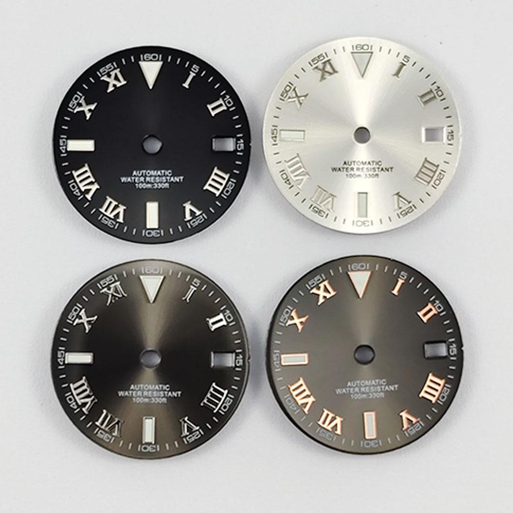 NH35 29mm No Logo Sterile Sunburst Watch Dial For NH35A NH36 Movement Green Luminous Silver/Rose Gold Roman Numeral Nail Dial