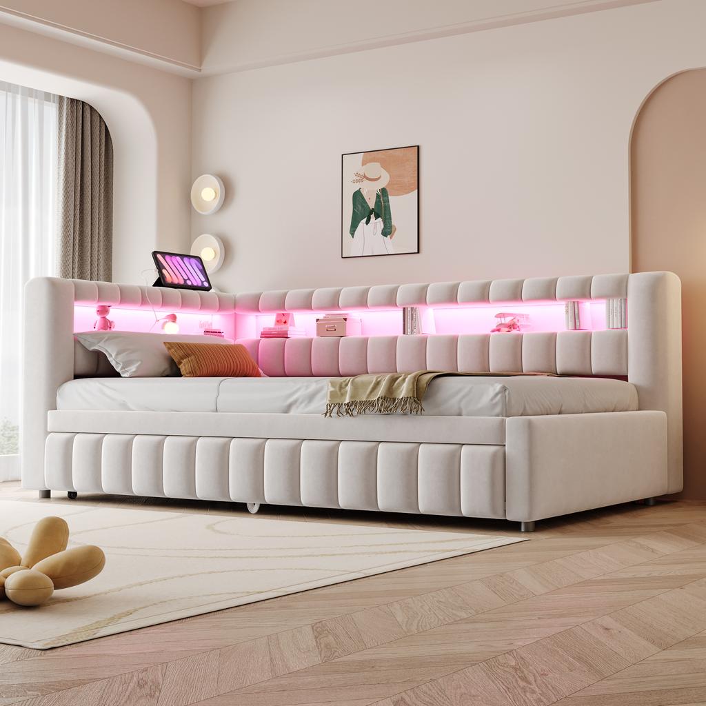 Upholstered Bed Pull-Out Sofa 90*200 Cm, With LED Lighting, Headboard and Backrest, Stripe, USB Charging Port, Velvet Beige, Old SKU LDU00422AAA