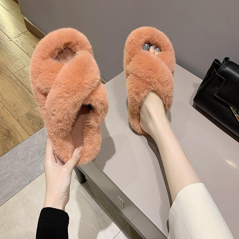 Crossed Plush Thermal Bathroom Casual slippers for Women Platform Anti-slippery Fur Lady Shoes