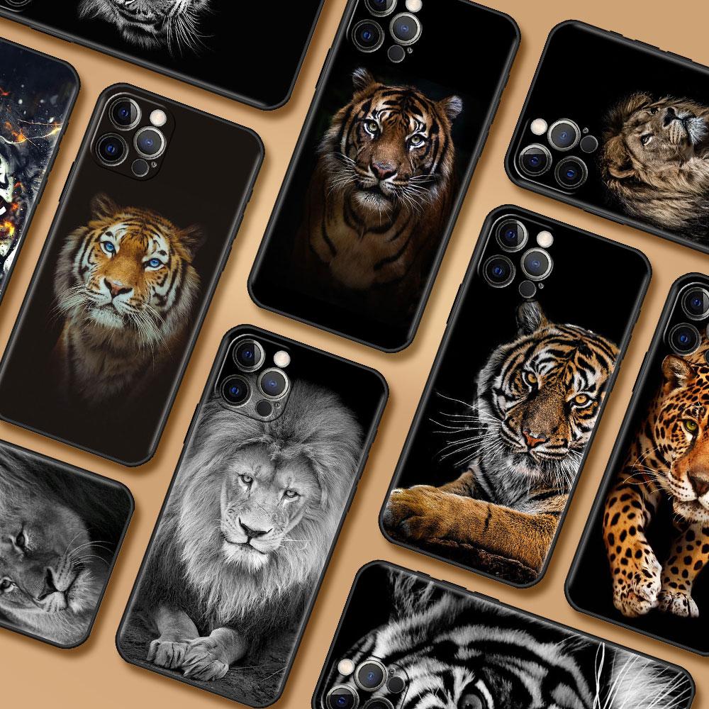 Phone Case for Apple iPhone 14 15 11 12 13 Pro Max XR X 7 8 Plus XS Black Soft Cover SE 2020 Coque Lion Tiger Animal Bumper