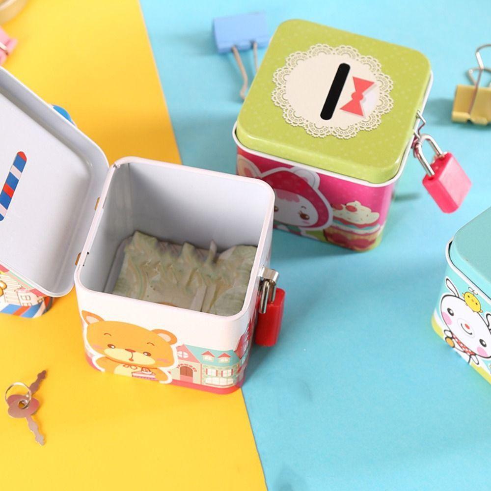 With Lock Square Change Jar Cartoon Metal Jewelry Box Creative Cartoon Piggy Bank  Home Decor