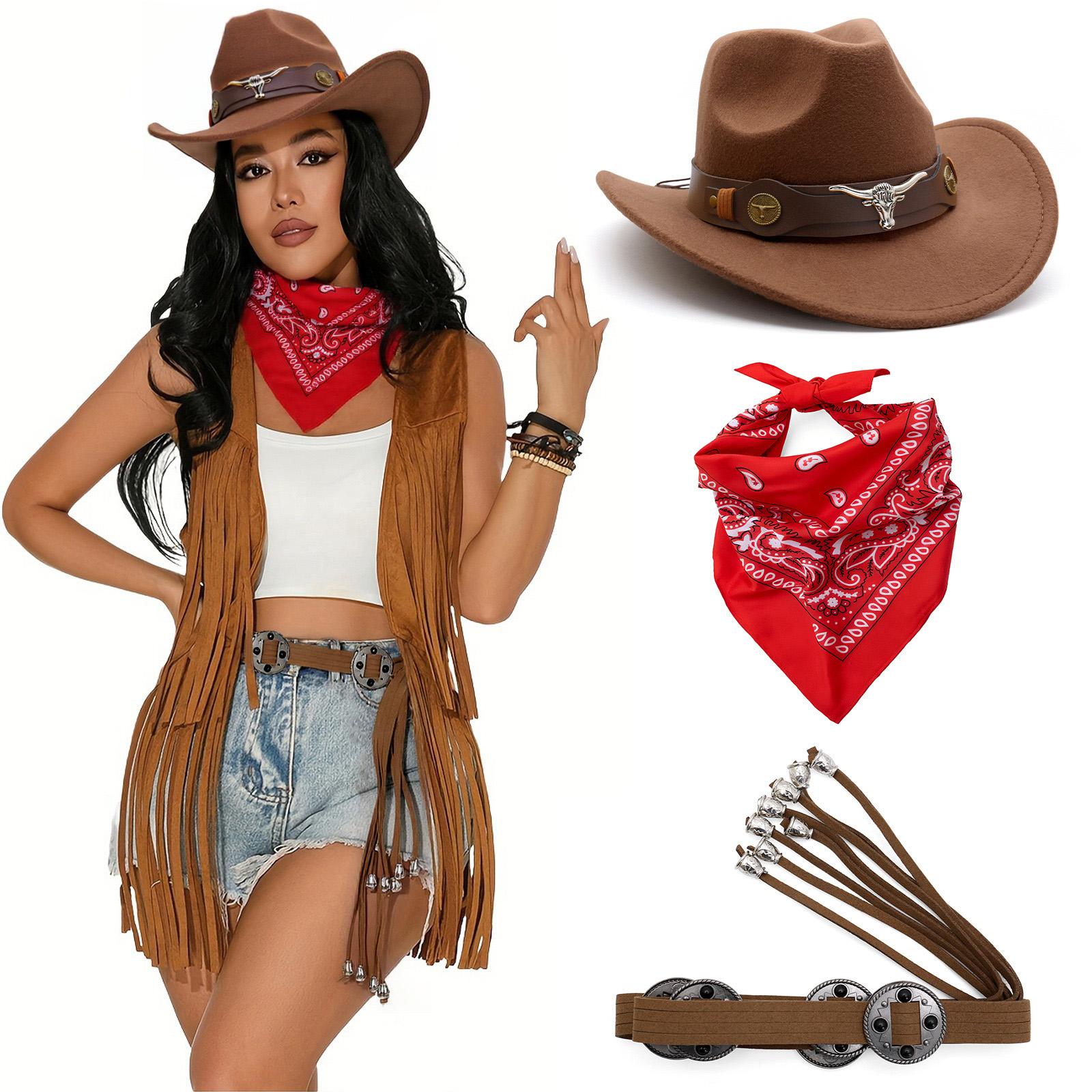 

Женский богемный костюм ковбойши в западном стиле с красным платком и поясом для тематических вечеринок, Хэллоуина 4