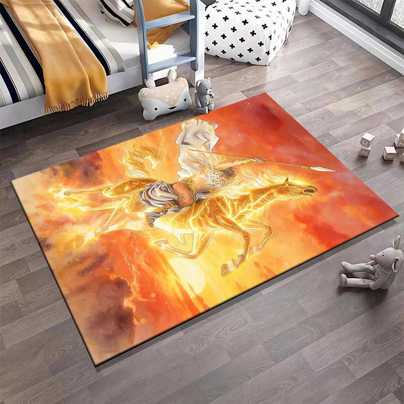 Feuriger Krieger auf leuchtendem Pferd Teppich, Mythische Kunst Heimdekoration Geeignet als rutschfester für Wohnzimmer Schlafzimmer Sofas