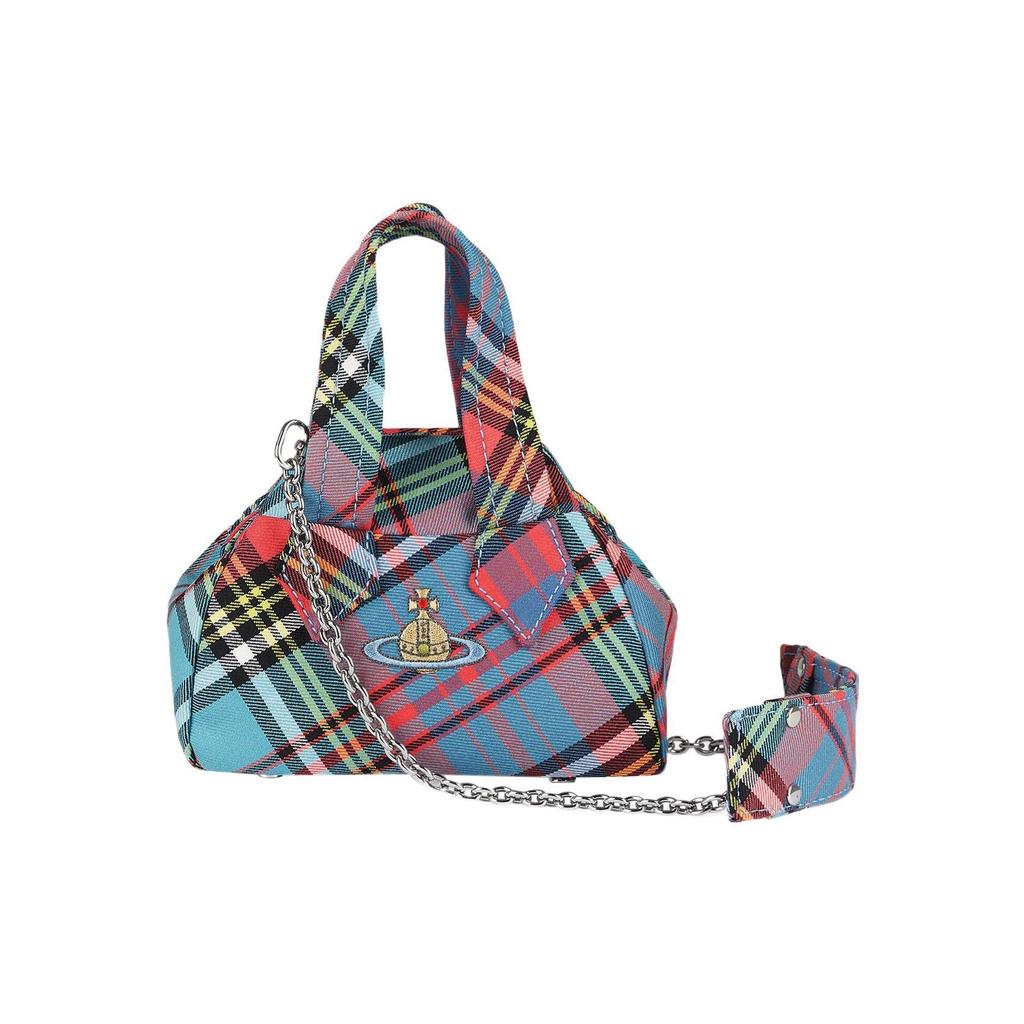 Vivienne Westwood Detachable Adjustable Chain Shoulder Strap Saturn Logo Bowling Bag Embroidered Plaid Wool Mini Handbag 4201008EW00H6G201