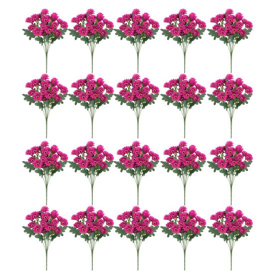 20Pcs Artificial Chrysanthemum 20 Head UV Resistant Fake Silk Flower with Green Leaves Autumn Indoor Outdoor Garden Table Centerpiece Faux Bloom