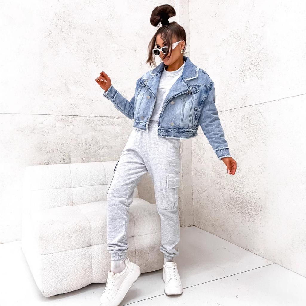 IHUASU Veste à col tailleur de printemps automne ample délavée à volants denim pour femmes manteau à manches longues