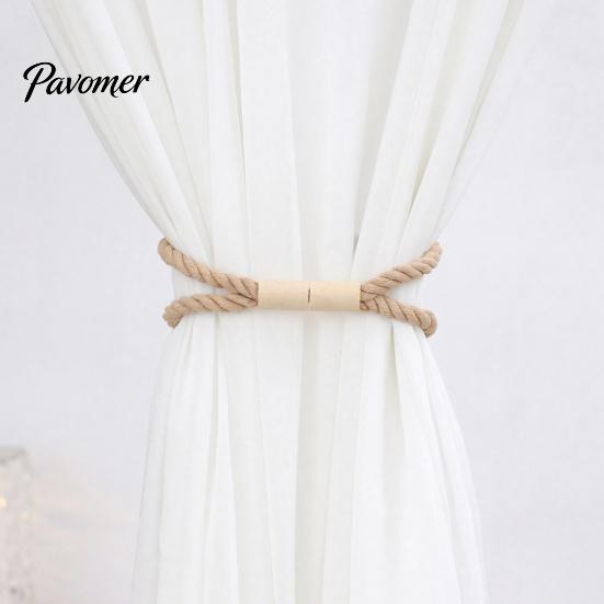 Decorative Curtain Buckle Magnetic Tieback, Cotton Linen Rope Holdback with Wood for Non-damaging Wall Tie Drapes, Backs Bedroom, Boho Room, Nursery,