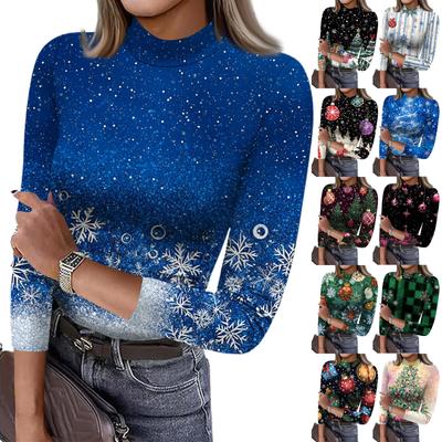 Women's Slim Bottom T-shirt Fashion Casual Christmas Printing Round Neck Pullover 3/4 Sleeve Top