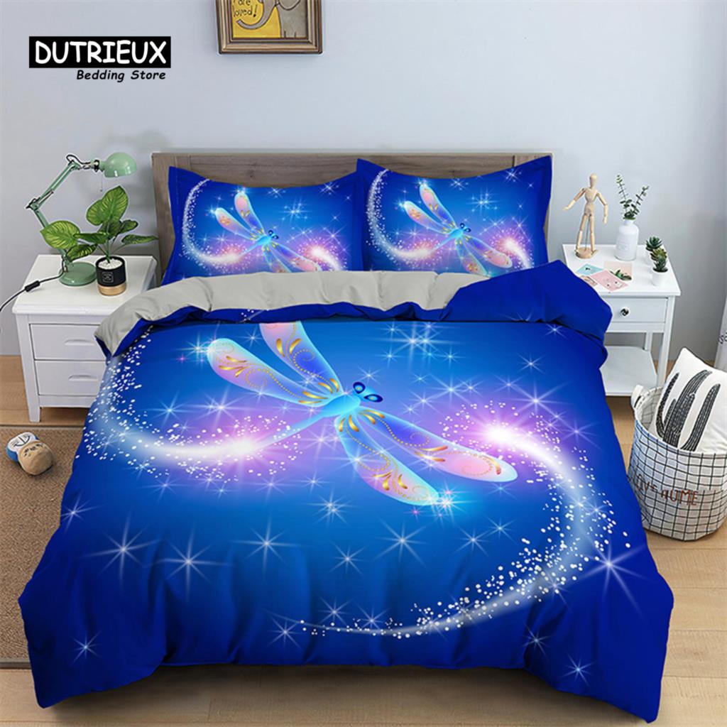 

Comforter Soft Colorful Butterfly Bedding Set Microfiber Dragonfly Print For Kids Teens Girls Bedroom Decor Comforter (quilt)-EU Single(135*200cm)3pcs