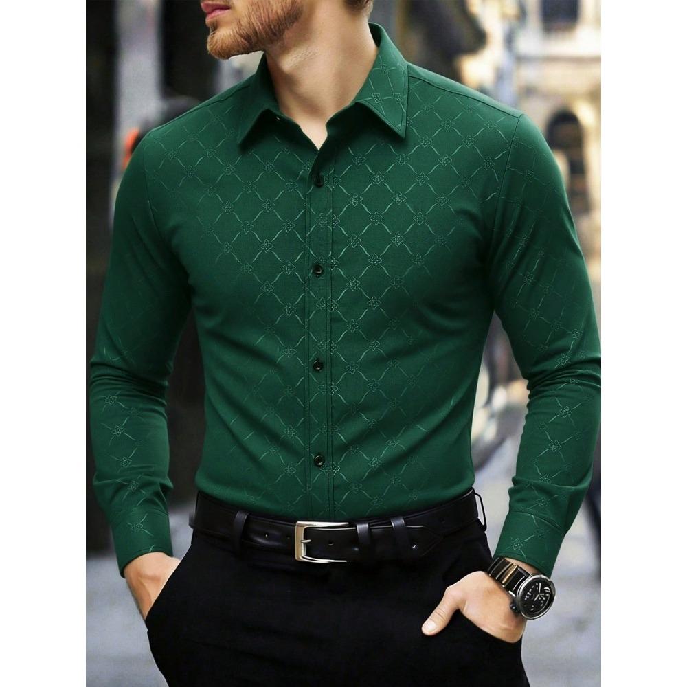 Light Luxury Dark Patterned Diamond Shaped Men's Shirt, Silky Slim Fit Shirt, European and American High-end Dark Printed Shirt