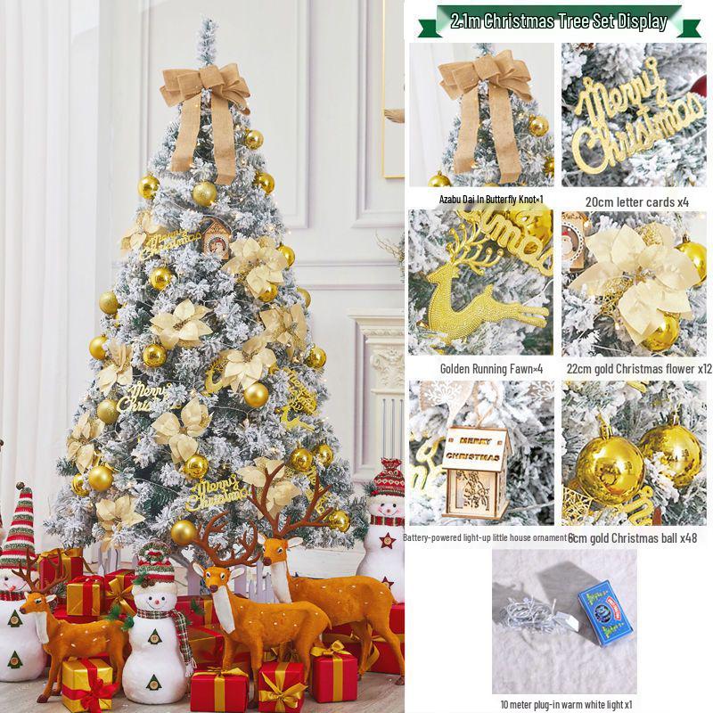 Golden Christmas Tree Set with Ornaments: 1.5m, 1.8m, 2.1m Flocked Pine with White Snow