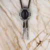 Western Cowboy Vintage Metal Flower Crown Stone Pendant Bolo Tie Braided Leather Rope Necktie Necklace Jewelry Neckwear
