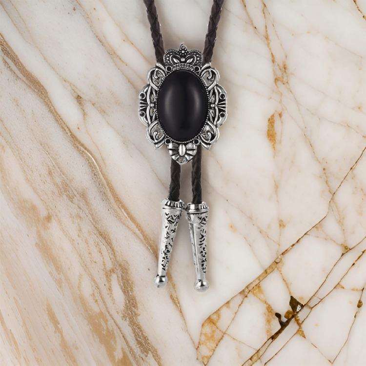 Western Cowboy Vintage Metal Flower Crown Stone Pendant Bolo Tie Braided Leather Rope Necktie Necklace Jewelry Neckwear