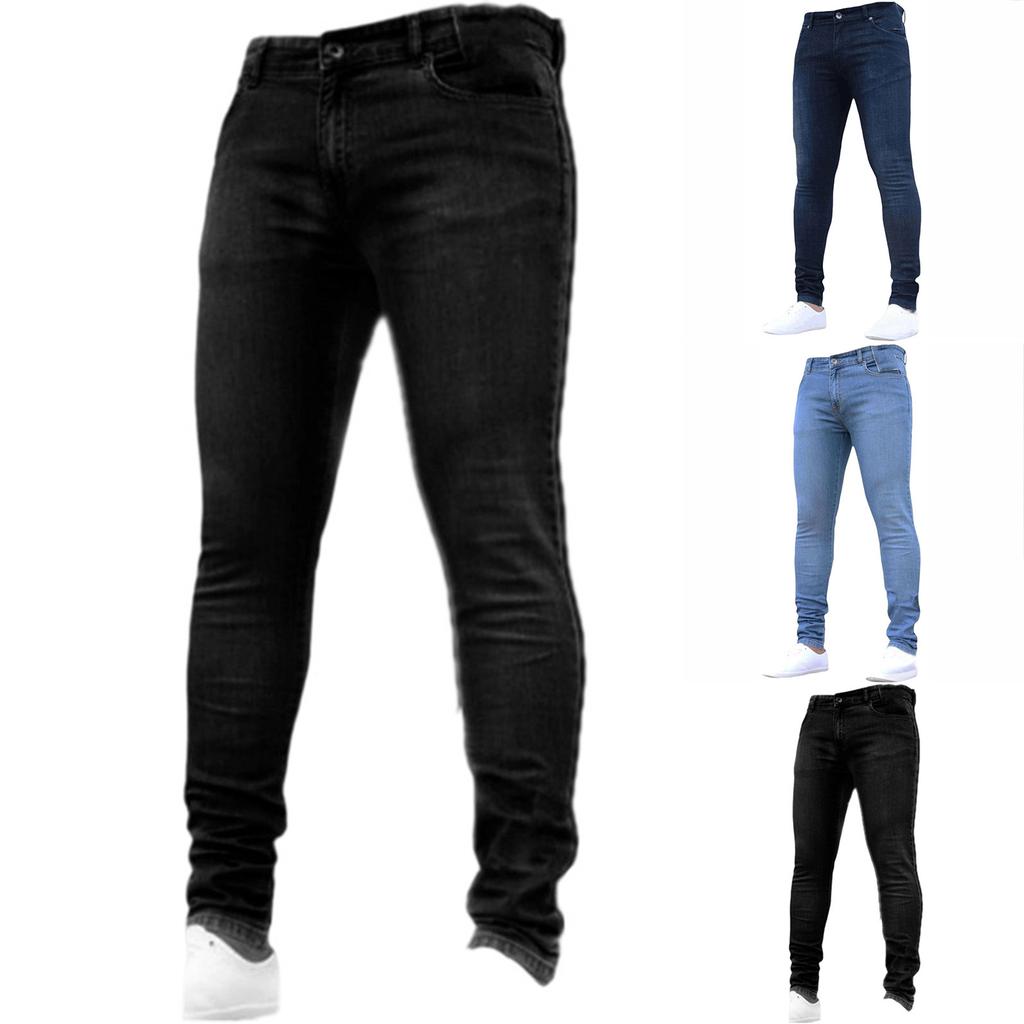 Men's Casual Small Straight Jeans Pants Fashion Wide Leg Pants Solid Color Jeans