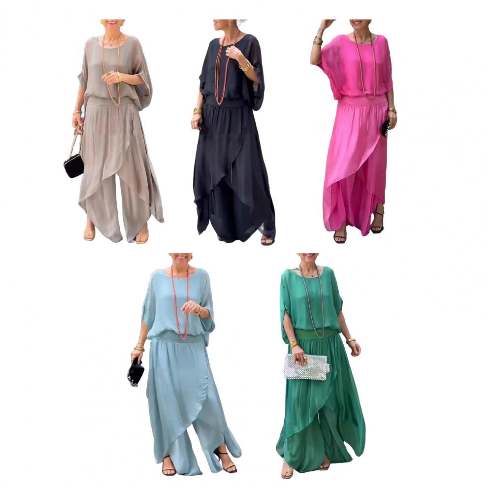Women Chiffon Top Pants Set Spring Summer Casual Two Piece Crew Neck Top Wide Leg Pant Flowy Wedding Guest Outfit