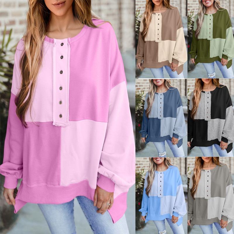 Autumn Winter Casual Splicing Color Contrasting Velvet with Buckle Long Hoodie for Women