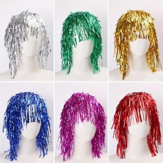 Foil Tinsel Wig Metallic Fancy Dress Shiny Wig 80s Disco Cosplay Party Supplies Photo Booth Props for Adults