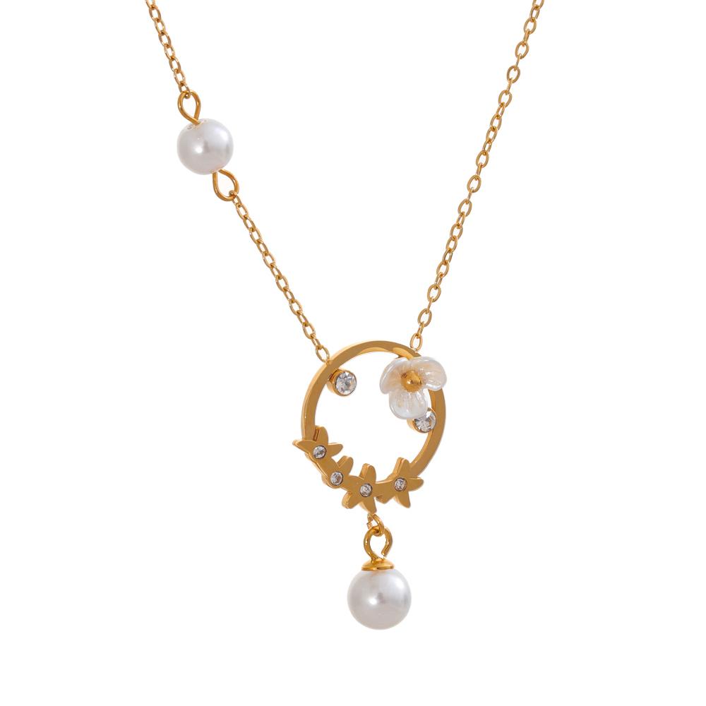 

Yhpup Korean Style Stainless Steel Shell Flower Simulated Pearl Pendant Necklace Golden Waterproof Temperament Fairy Jewelry